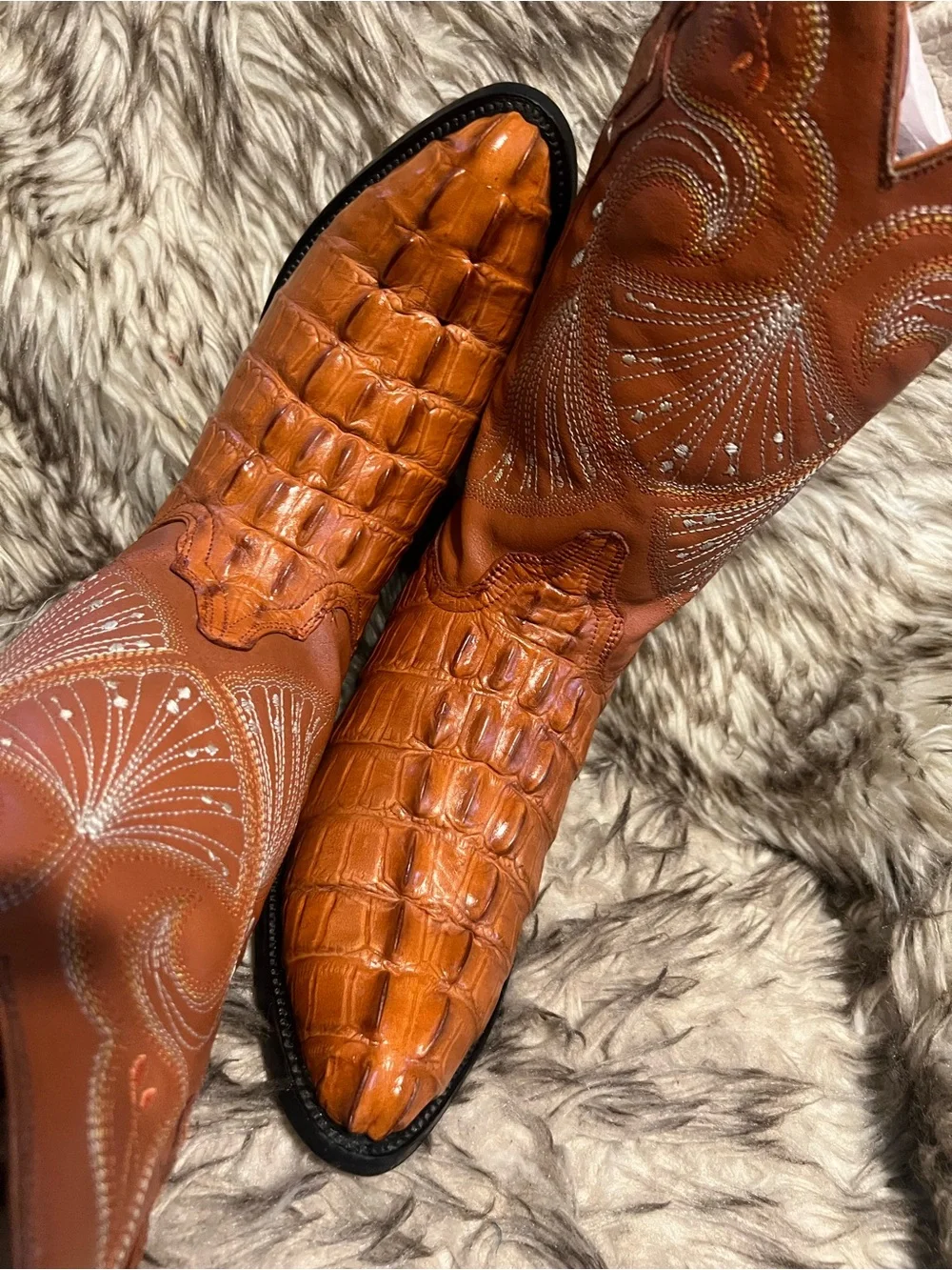 Men's ESPOLON Exotic CAIMAN PRINT & Leather Western Boots in Cognac Brown Sz 6